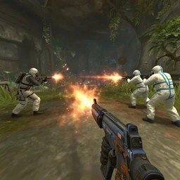 screenshot of a first person shooter game on unreal engine 5, in an underground garden, shootout, photorealistic, player fighting against hazmat soldiers
