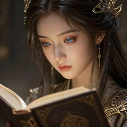 a girl reading book, sci-fi, glossy eyes, face, long hair, fantasy, intricate, elegant, highly detailed, digital painting, artstation, concept art, smooth, sharp focus, illustration