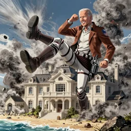joe biden, as the colossal titan, kicking a mansion, attack on titan, anime key visual, wit studio official media, beachfront mansion, smoke and rubble, high detail