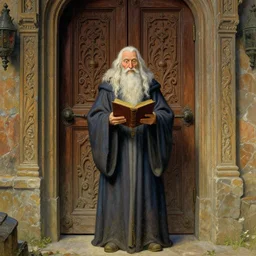 an old wizard in robes holding a book standing in front of an elaborate ancient wooden door, beautiful colourful fantasy rendering, William Stout, Simon Stälenhag, ilm, beeple, N.C. Wyeth