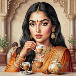 full body portrait, people having chai, relaxing, absurdly beautiful, elegant, realistic ultrafine hyperrealistic detailed face painting by amrita sher - gil, intricate linework, sharp focus, bright colors, matte, unreal engine highly rendered, global illumination, radiant light, intricate environment
