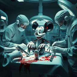 a cybertronic mickey mouse being dissected by a group of network executives, on an operating table, octane render, beeple, cgstation, 3 d render, very detailed, mindblowing, blood and guts