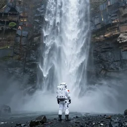 photograph of an astronaut standing under a high waterfall, foggy, atmospheric