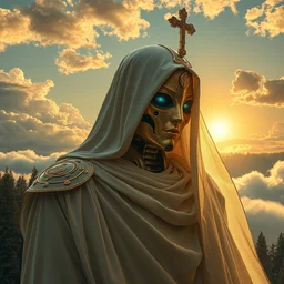 masterpiece medium shot robot cyberpunk of catholic veiled, concept art house solarpunk in the funny big lake the sky sun over beautiful clouds at the forests intricate, elegant, dramatic lighting, greg rutkowski, immerse,, special effects makeup, maximalist, glittering, gold, ivory, hyperreal, golden ratio, alphonse mucha