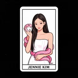 jennie kim of blackpink as a illustrated tarot card holding a pink snake