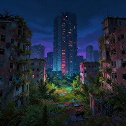digital art of abandoned overgrown city at night, artstation, colorful