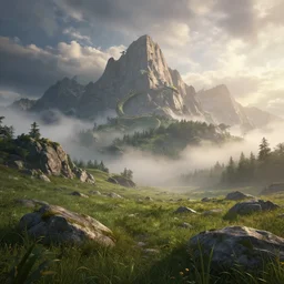beautiful render of a summer landscape, unreal engine, first light, majestic mountains, rocky meadows, morning mist, dramatic clouds, majestic dragon, soft light, by greg rutkowski, cgsociety
