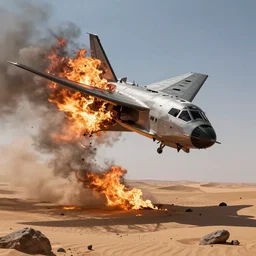 flying spacecraft crashed in the desert broken into flaming pieces
