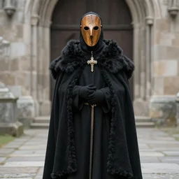 a medieval priest in a black fur cloak with a wooden mask