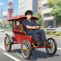 a man in a chariot in tokyo, driving fast, drawn like the anime Initial D