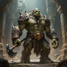 giant orc - reptile beast holding an axe : : fantasy style : : ancient mystical temple scenery