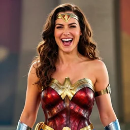 gal gadot as she crinkles her nose while laughing, dressed as wonder woman, photorealistic, hdr, color, hyperreal