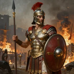a painting of a greek hoplite armed with a spear and shield, a burning city in the background, ultra detailed, high fantasy, 4 k, trending on artstation, cinematic