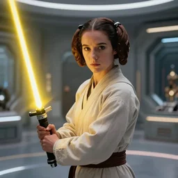 screenshot portrait solo shot of Princess Leia training to use a yellow lightsaber at a new Jedi Temple scene from The Force Awakens, 1970s film by Stanley Kubrick, serene, iconic scene, stunning cinematography, hyper detailed, sharp, anamorphic lenses, kodak color film, 4k
