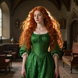 a portrait of a beautiful young woman with flowing red hair, green dress, interior of a medieval living room, pre-raphaelite, backlit, by Waterhouse, by Millais