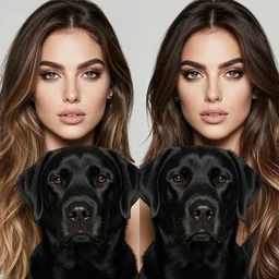 a close up of beautiful Estefania Villegas Burgos and her labrador black dog , symmetrical, 8K, octane render, 8K,