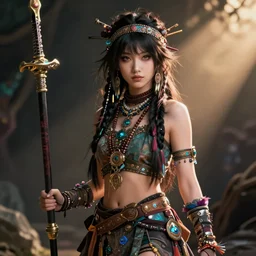 detailed ultrarealistic photography of cyberpunk hippie warrior japanese girl, wayne barlowe, greg rutkowski, cinematic, full shot