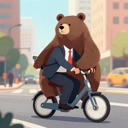a business man riding a bear in the city, digital art