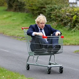 Boris Johnson sitting inside a shopping-cart sliding downhill a very steep road