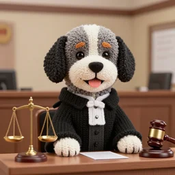 a closeup photorealistic illustration of a smiling knitted bernedoodle judge dog dressed in a black gown, presiding over the courthouse. scales of justice and a gavel style room. this 4 k hd image is trending on artstation, featured on behance, well - rendered, extra crisp, features intricate detail, epic composition and the style of unreal engine.