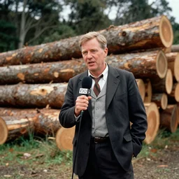 bbc tv presenter louis theroux holding a microphone talking to kauri loggers at great barrier island, new zealand. enormous giant logs in background 1 9 2 0's