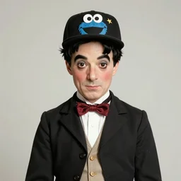 charlie chaplin wearing a cookie monster snapback