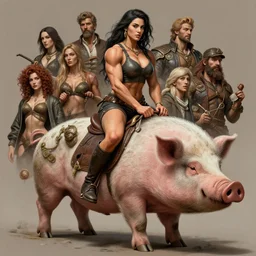 portrait of a ruggedly handsome heroine girl body builder riding on a large pig beast mount, intricate, elegant, highly detailed, artstation, artgerm, ralph horsley, rossdraw, mark ryden, sophie anderson, lilia alvarado, tom chambers, donato giancola, daniel f. gerhartz, joseph christian leyendecker, wlop