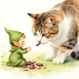 watercolour of a cat feeding beans to an elf | detailed, skilled