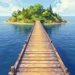 long wood bridge to island, unreal engine, digital, acrilic paint