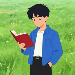 animation key shot of black haired seokjin holding a red book, in grasslands wearing blue jacket white shirt black pants, studio animation, sharp render, pixar