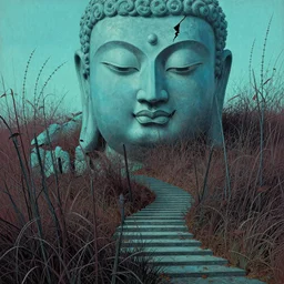 a gorgeous bleak autumn painting by barlowe wayne, maxfield parrish, gustave dore and marco mazzoni. close - up shot on a lonely huge chinese buddha statue, broken, spears of barbed wild grass flourished abundantly. tiffany blue, maroon, blackish green. the winding stone steps. ultra clear detailed. 3 d, octane render.