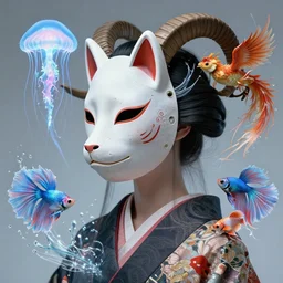 3 d goddess close - up profile portrait biomechanics with ram skull. beautiful intricately detailed japanese crow kitsune mask and clasical japanese kimono. betta fish, jellyfish phoenix, bio luminescent, plasma, ice, water, wind, creature, artwork by tooth wu and wlop and beeple and greg rutkowski
