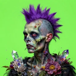 a portrait of a punk rock zombie, full head and shoulders visible, purple mohawk, skin blossoming with crystals fruit and flowers, Baroque, art by Arcimboldo, art by Fragonard, expressionistic, neon green background