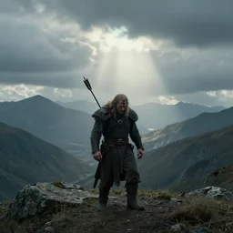 lonely ork warrior hit with an arrow in the shoulder and is bleeding, desolated mountains in the distance, cloudy atmosphere, rod rays, realistic, style of tolkien world, 4 k, masterpiece, epic, maximalist film still from the movie directed by denis villeneuve with art direction by salvador dali, wide lens, 4 k, realistic
