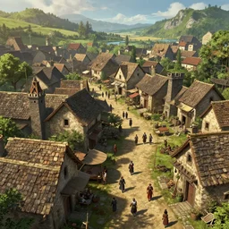 busy medieval village, deviantart, unreal engine, artstation