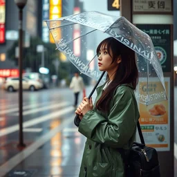 photograph of a beautiful japanese girl wearing a long green raincoat holding an umbrella, waiting at a bus stop in downtown tokyo during a rainstorm