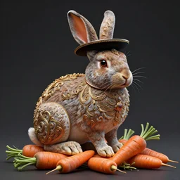 hasidic rabbit sitting on pile of carrots intricate detail, finely detailed, small details, extra detail, photorealistic, high resolution, vray, hdr, hyper detailed, insane details, intricate, elite, ornate, elegant, luxury, dramatic lighting, octane render, weta digital, micro details, 3 d sculpture