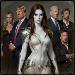 daguerreotype of beautiful 4 0 years old mesmer lady, tight robes, metallic accents, magic, white skin, brunette, blue glowing eyes, high fantasy, gw 2, highly detailed, smooth, sharp focus, digital illustration, by rossdraws, frank franzzeta, artgerm. donald trump, tom cruise, elon musk, joe biden, tony stark