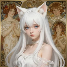 a very very beautiful anime cat girl, white hair, matte painting, by greg rutkowski and ilya kuvshinov and alphonse maria mucha and yuumei, very clear details, hyper realistic, trending on artstation, 8 k