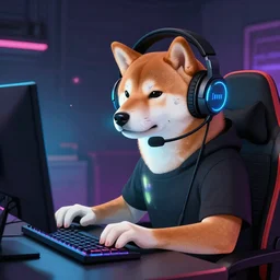 shiba inu wearing a gaming headset, playing on computer with screen glowing on face, digital art