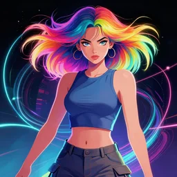 a award winning half body portrait of a beautiful woman with stunning eyes in a croptop and cargo pants with rainbow colored ombre hairstyle head in motion and hair flying by thomas danthony, surrounded by whirling illuminated neon lines, outrun, vaporware, shaded flat illustration, digital art, trending on artstation, highly detailed, fine detail, intricate