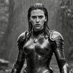 we faced angry scarlett johansson, wearing rain soaked armour in the pouring rain, incredibly fine detailed portrait, battle angel alita, black and white, dynamic angle, pencil and ink manga, elegant, full body profile, far way and above angle camera shot, highly detailed, dramatic lighting, gothic castle in background
