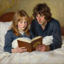 portrait of young dolly parton reading a bedtime story to jim morison in bed, an oil painting by ross tran and thomas kincade