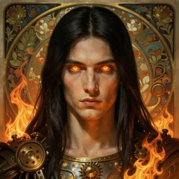 portrait of god ares, long straigt black hair,, glowing eyes, volumetric lights, fire, art nouveau botanicals, gothic, intricate, highly detailed, digital painting, artstation, concept art, smooth, sharp focus, symmetric face, illustration, steampunk, art by artgerm and greg rutkowski and alphonse mucha