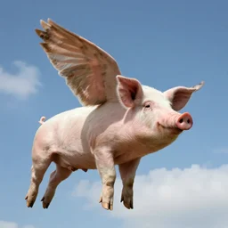 a dramatic pig flying in the blue cloudy sky