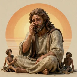 Concept art of the biblical GOD, is crying in tears and is very sad and sorrow , after creating humans, ,octane render, retro,