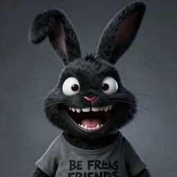 A extremely highly detailed majestic hi-res beautiful, highly detailed head and shoulders portrait of a scary terrifying, horrifying, creepy black cartoon rabbit with scary big eyes, earing a shirt laughing maniacally , let's be friends, in the style of a Walt Disney cartoon
