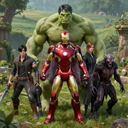 portrait of marvels ( ( ( ( ( ( ( ( ( ( ironman ) ) ) ) ) ) ) ) ) ) hulk by hr giger, greg rutkowski, luis royo and wayne barlowe as a diablo, resident evil, dark souls, bloodborne monster, elden ring creature : : ( ( in a garden, grassy field, large field in the background ) )