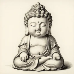 sketch of cute chibi buddha meditating happy and at peace, etching by louis le breton, 1 8 6 9, 1 2 0 0 dpi scan