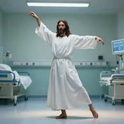 jesus christ wearing a white robe strikes a dance pose in a hospital, intricate, hyper detailed, accent lighting, dramatic light, 4 k octane render